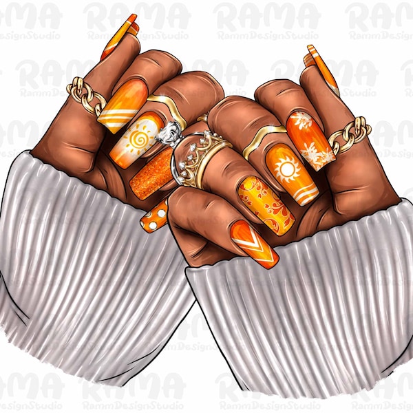 Black Woman Nails Png Sublimation Design, Black Woman Hand Png,Orange Nails Png, Nail Artists Png, Afro Nail Tech Png, Black Woman Nails Png