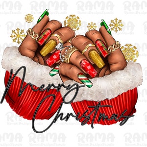 Merry Christmas Black Woman Nails Png, Merry Christmas Png, Christmas Woman Hand Png, Nail Artists Png,Afro Nail Tech Png,Black Woman Nails