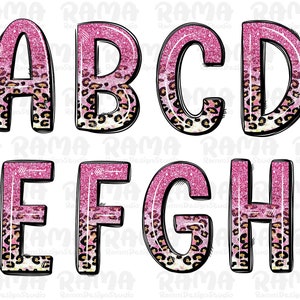 Conjunto de letras do alfabeto de doodle de leopardo rosa glitter pacote PNG, letras de impressão de leopardo, doodle alfa de leopardo rosa, letras para sublimação, conjunto de alfabeto
