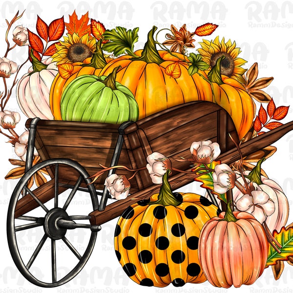 Autumn wheelbarrow Png,Wood Wheelbarrow and Pumpkin PNG, Fall PNG, Happy Fall Png, Autumn Png, Western Design, Sublimation Design, Autumn