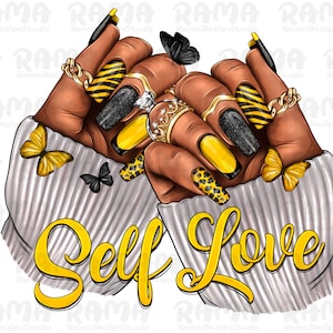 Black woman Self Love nails png sublimation design download, Self Love png,Yellow And Black Nails Png,afro woman hands png,sublimate designs