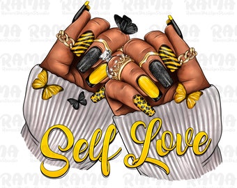 Black woman Self Love nails png sublimation design download, Self Love png,Yellow And Black Nails Png,afro woman hands png,sublimate designs