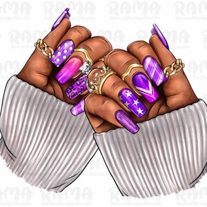 Black Woman Nails Png Sublimation Design, Black Woman Hand Png, Purple Nails Png, Nail Artists Png, Afro Nail Tech Png, Black Woman Nails Png