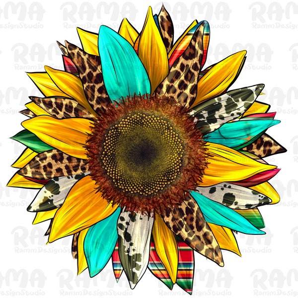 Sunflower Leopard Png Sublimation Design, Sunflower Png, Cowhide Png, Leopard Sunflower Png, Turquoise Sunflower Png, Instant Download