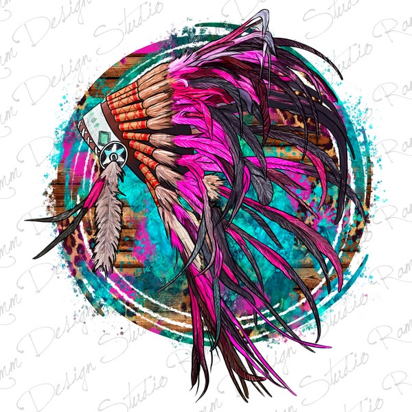 Indian Headdress in Leopard and Serape Circle, Turquoise Glitter, Digital Download, Png Sublimation, Instant Download, Printable Design