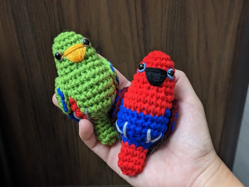 Op de afbeelding: Twee gehaakte vogelknuffels, &eacute;&eacute;n groen en &eacute;&eacute;n rood met blauwe en witte accenten. De groene vogel heeft een gele snavel en zwarte ogen. De rode vogel heeft een zwarte snavel en zwarte ogen.