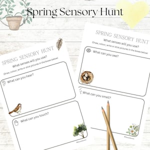 May include: A printable worksheet for a spring sensory hunt. The worksheet has four sections, each with a different sense: sight, hearing, touch, and smell. Each section has a space for drawing, writing, or sticking pictures.