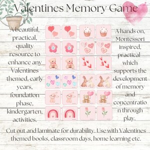 Valentines themed children&#39;s memory game; picture memory game, family fun, school fun, home school, pre-school, instant download, kids game.
