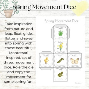 Peut inclure: Un d&eacute; &agrave; jouer de mouvement de printemps imprimable &agrave; six faces. Chaque face pr&eacute;sente une image diff&eacute;rente sur le th&egrave;me du printemps et une instruction de mouvement, comme "Onduler comme de l'herbe", "Se d&eacute;plier comme un p&eacute;tale de fleur", "Barboter comme un caneton", "Ramper comme une chenille", "Flotter comme un papillon", et "Sauter comme une grenouille".