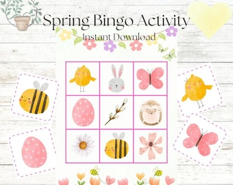 Spring Bingo Game - Bounce into Springtime avec 8 planches et 36 images printanières fantaisistes pour s'amuser à l'école ou pour s'amuser en famille à la maison