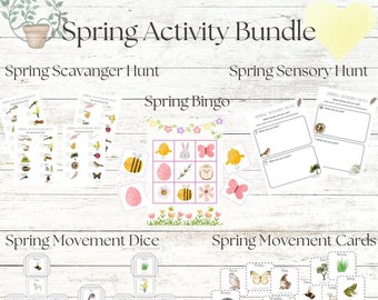 Lot d'activités printanières ; 5 activités, bingo printanier, chasse au trésor printanière, chasse sensorielle printanière, cartes de mouvement printanières et dés de mouvement!