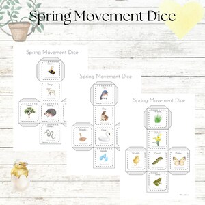 Peut inclure: Trois d&eacute;s de mouvement de printemps imprimables avec diff&eacute;rentes images d'animaux et de la nature. Chaque d&eacute; a six faces avec diff&eacute;rents verbes de mouvement comme "danser", "glisser", "sauter", "se tortiller", "glisser", "&eacute;clabousser", "vague", "marcher", "boucler", "voler" et "sauter".