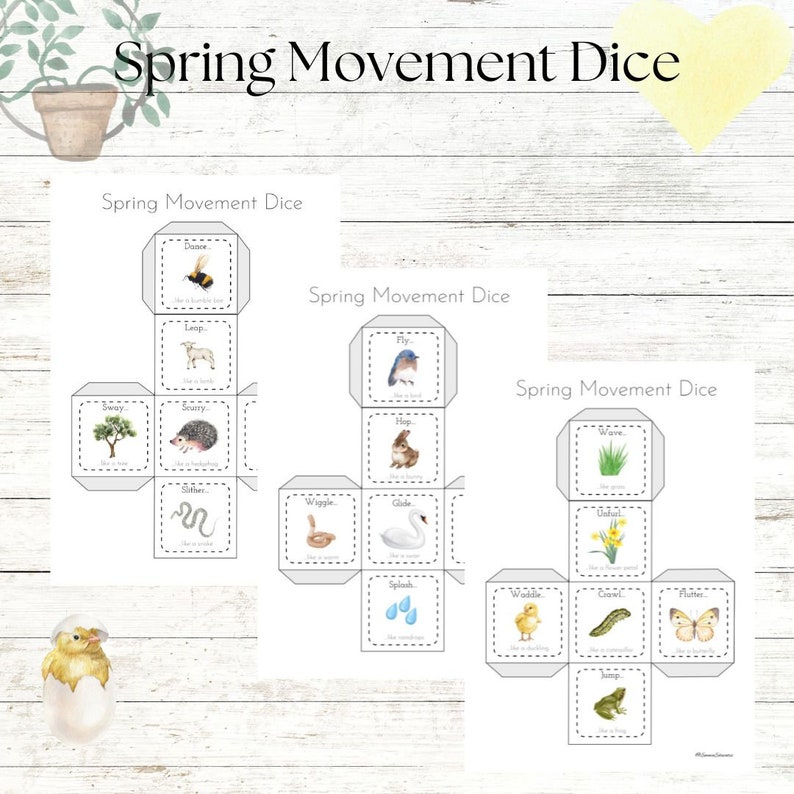 Peut inclure: Trois d&eacute;s de mouvement de printemps imprimables avec diff&eacute;rentes images d'animaux et de la nature. Chaque d&eacute; a six faces avec diff&eacute;rents verbes de mouvement comme "danser", "glisser", "sauter", "se tortiller", "glisser", "&eacute;clabousser", "vague", "marcher", "boucler", "voler" et "sauter".