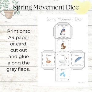 Peut inclure: Un d&eacute; de mouvement de printemps imprimable &agrave; six faces. Chaque face pr&eacute;sente un animal et une action diff&eacute;rents, comme un oiseau qui vole, un lapin qui saute, un ver qui se tortille, un cygne qui glisse, une plume qui flotte et des gouttes de pluie qui &eacute;claboussent.