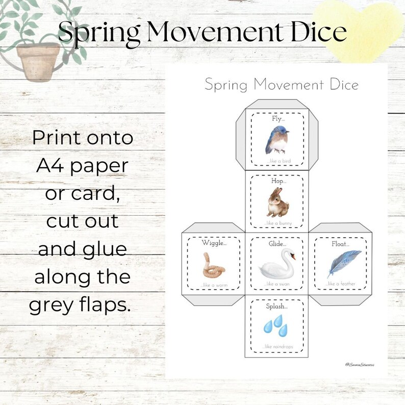 Peut inclure: Un d&eacute; de mouvement de printemps imprimable &agrave; six faces. Chaque face pr&eacute;sente un animal et une action diff&eacute;rents, comme un oiseau qui vole, un lapin qui saute, un ver qui se tortille, un cygne qui glisse, une plume qui flotte et des gouttes de pluie qui &eacute;claboussent.