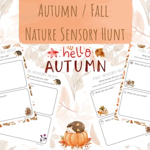 Puede incluir: Hoja de trabajo imprimible para una búsqueda sensorial de la naturaleza con el texto "Búsqueda sensorial de otoño" y "¿Qué sentidos vas a usar?" La hoja de trabajo tiene cuatro secciones con indicaciones para los sentidos de la vista, el oído, el tacto y el olfato. La hoja de trabajo está decorada con ilustraciones de otoño.