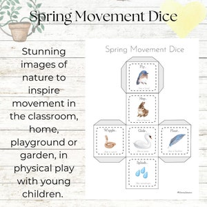 Peut inclure: Un d&eacute; de mouvement de printemps imprimable &agrave; six faces. Chaque face pr&eacute;sente un animal ou un objet diff&eacute;rent et un mot d'action correspondant. Les mots sont "Fly", "Hop", "Wiggle", "Glide", "Float", et "Splash".