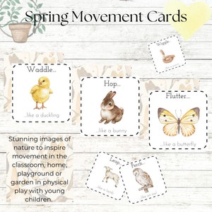 May include: Spring Movement Cards with colorful illustrations of animals and the words "Waddle... like a duckling", "Hop... like a bunny", "Flutter... like a butterfly", "Leap... like a lamb", "Perch... like an owl", and "Wiggle... like a worm".