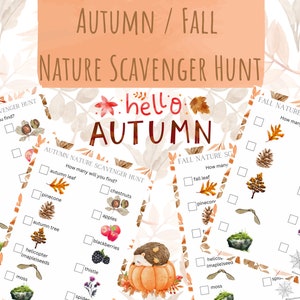 May include: Four printable autumn nature scavenger hunt checklists with illustrations of fall foliage, pinecones, acorns, apples, berries, maple seeds, moss, and a spider web. The checklists include the text "How many will you find?" and "hello autumn".