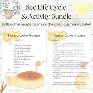 Op de afbeelding: Een printbaar recept voor honingcake met een geel en wit honingraatpatroon. Het recept bevat ingredi&euml;nten zoals bloem, bakpoeder, baking soda, zout, gemalen kaneel, plantaardige olie, honing, warm water en eieren. De instructies omvatten het voorverwarmen van de oven op 180 graden Celsius, het invetten van een 23 cm cakevorm, het kloppen van de droge ingredi&euml;nten, het kloppen van de eieren met olie, honing en warm water, het combineren van de natte en droge ingredi&euml;nten, het gieten van het beslag in de vorm, het bakken gedurende 30-35 minuten, het afkoelen en het serveren met slagroom of poedersuiker.
