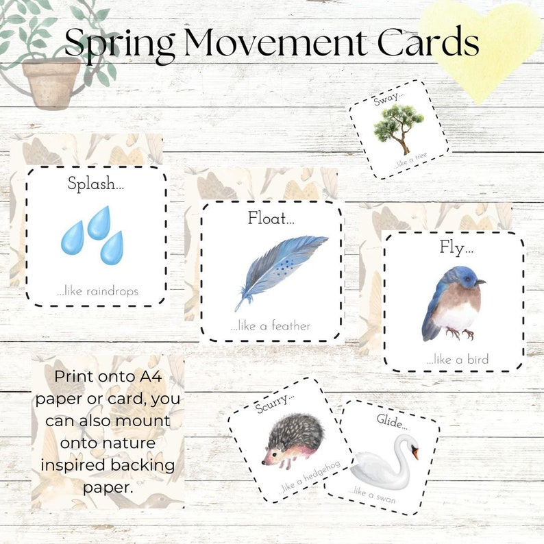 May include: A set of 6 printable spring movement cards featuring watercolor illustrations of a tree, raindrops, a feather, a bird, a hedgehog, and a swan. Each card has a word describing the movement and a phrase describing what the movement is like, for example, "Sway... like a tree".