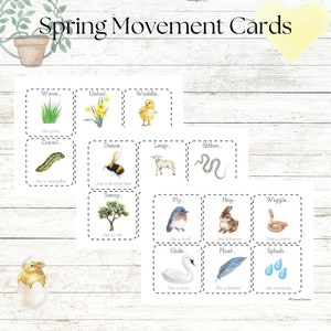 May include: A set of 12 spring-themed movement cards featuring illustrations of animals and plants. Each card has a word describing a movement, such as "wave", "unfurl", "waddle", "crawl", "dance", "leap", "slither", "sway", "fly", "hop", "wiggle", "glide", "float", and "splash".