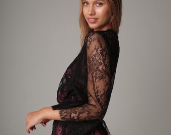 Handmade Black Italian Lace Robe, Bridal Boudoir Lingerie