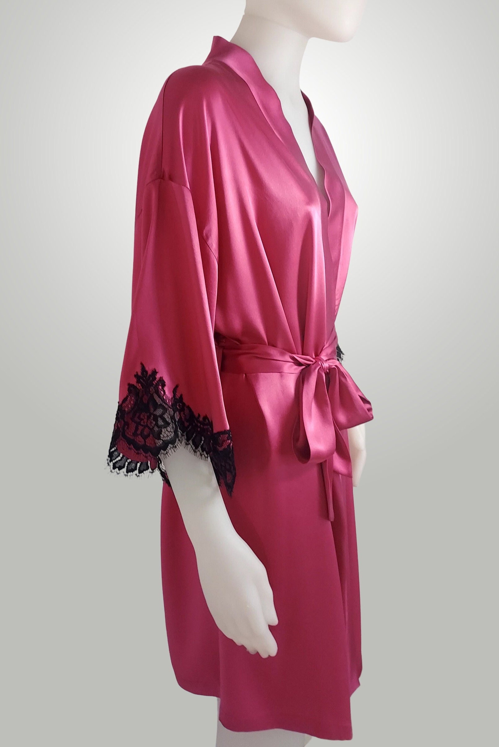 Light Raspberry Satin Sheets Handmade Silk Robe: Raspberry Satin With Black Lace Trim. Sexy Valentin ...