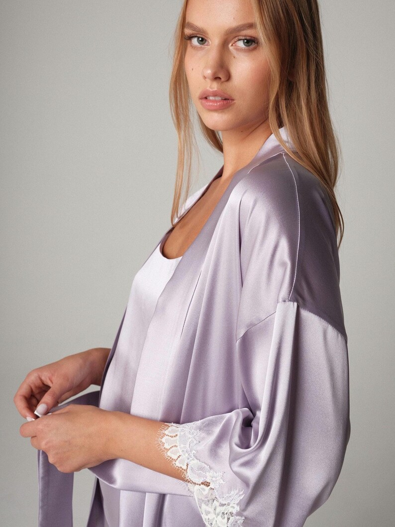 Silk Dressing Robe Handmade Lavender Silk Robe: Mid-length Lace Trimmed Dressing Gown - Etsy