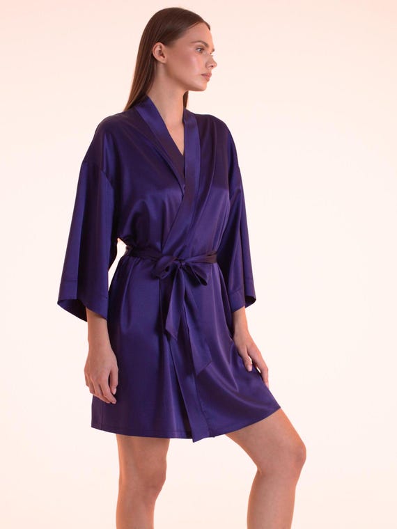 Handmade Silk Satin Robe: Ink-Blue Mid-Length Dressing Gown Handmade Silk Satin Robe: Ink-Blue Mid-Length Dressing Gown