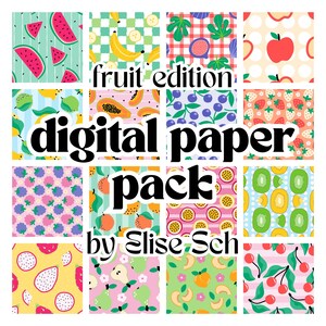Peut inclure: Un pack de papier numérique présentant seize motifs distincts sur le thème des fruits, incluant des designs de pastèque, banane, figue, pomme, citron vert, papaye, myrtille, fraise, framboise, orange, fruit de la passion, kiwi, pitaya, poire, pêche et cerise.