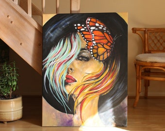 Woman Art, Face painting, Canvas art, original art, abstract art, colorful art, Girl with Butterfly