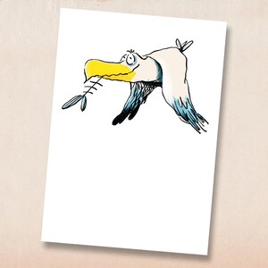 Möwe mit Gräte. Postkarte mit Illustration von Volker Ernsting