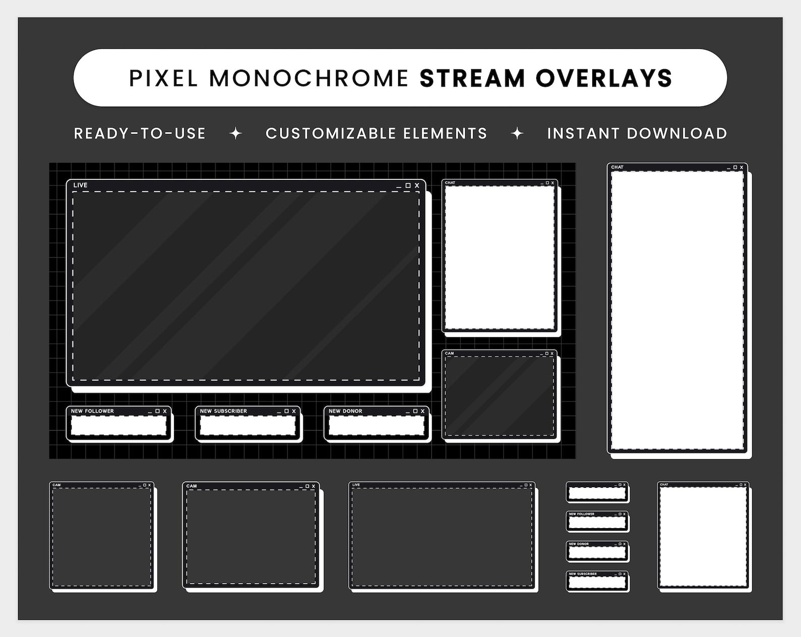 Pixel Monochrome Stream Overlay - Twitch Overlay Package, Customizable ...