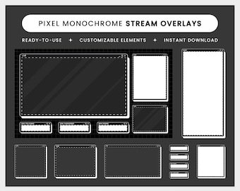 Pixel Monochrome Stream Overlay - Twitch Overlay Package, Customizable Screen Overlays, Theme Overlay, Black and White, Aesthetic, Cute
