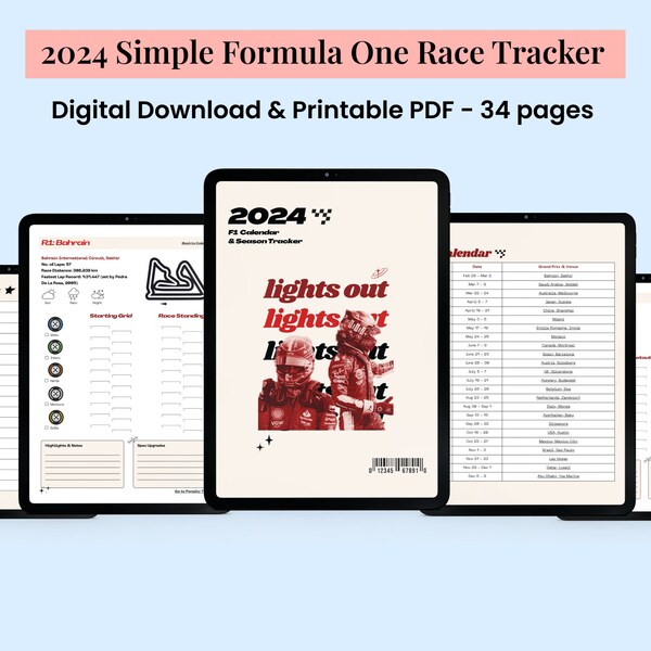 Formula 1 2024 Digital Journal Planner Calendar Retro Gift for F1 Season