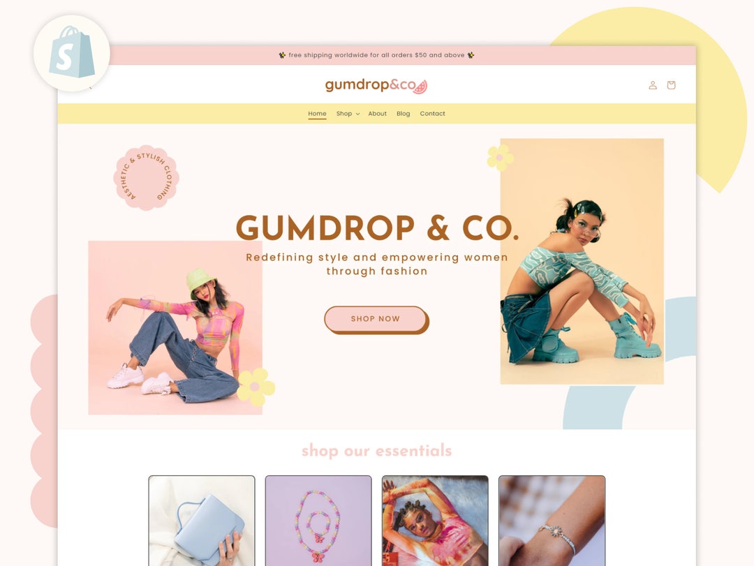 Retro Pastel Shopify 2.0 Theme With Editable Canva Templates, Bright ...