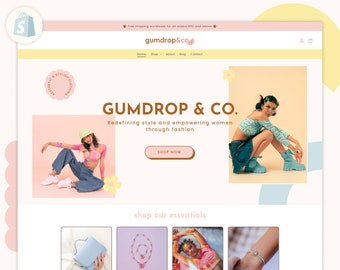 Retro Pastel Shopify 2.0 Theme with Editable Canva Templates, Bright Colorful Y2K Shop Design