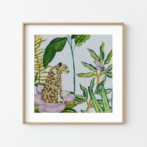 Leopard on lotus art print | Chinoiserie Art | Jungle illustration | Tropical painting | Wall Art | Birthday | Housewarming gift