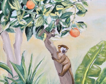 Orange Monkey art print | Tropical painting | Jungle | Monkey | orange tree | Chinoiserie Art | Wall Art | Free Shipping from the UK, EU, US