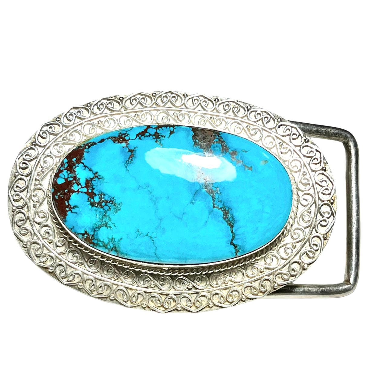 Turquoise Belt Buckle Western Design Oval Shape Belt Buckle, 925