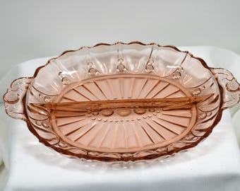 Vintage Pink Depression Glass Divided Relish Dish, Art Deco Serving Tray