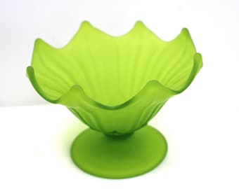 Vintage Frosted Green Glass Candy Dish: Leaf Edge Trinket Bowl