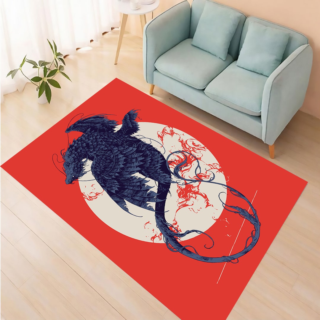 Dragon Rug, Japon Art Rug, Red Rug, Modern Area Rug, Rugs for Bedroom Aesthetic, Rugs for Living