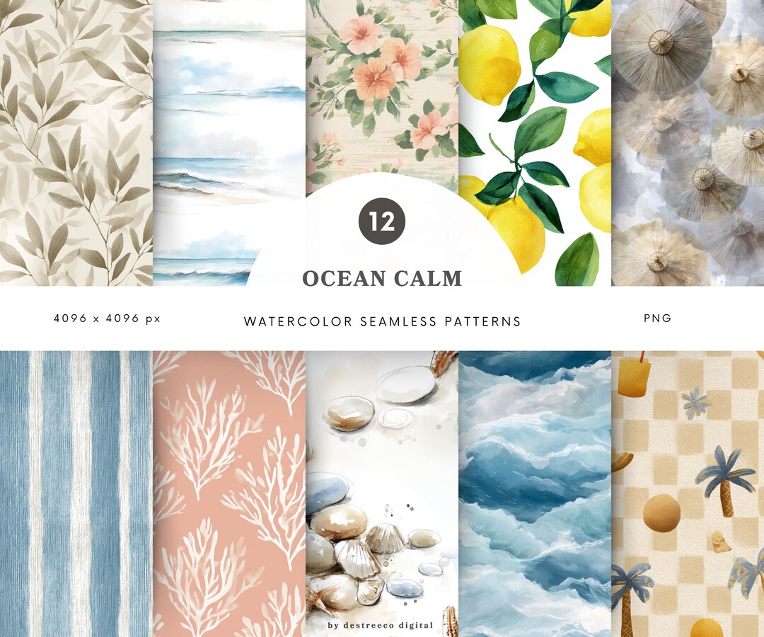 Watercolor Ocean Calm Seamless Patterns, Neutral Summer Patterns, Beach ...