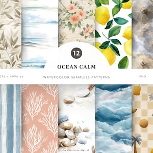 Könnte beinhalten: Eine Sammlung von zwölf nahtlosen Aquarellmustern mit Designs zum Thema Ozean. Die Muster zeigen Blätter, Meereswellen, Zitronen und Sonnenschirme. Der Text "OCEAN CALM" ist in der Mitte des Bildes zu sehen.