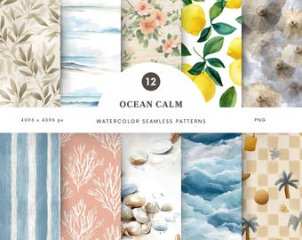Watercolor Ocean Calm Seamless Patterns, Neutral Summer Patterns, Beach Patterns, Repeating Pattern, Scrapbook Paper, Digital Download