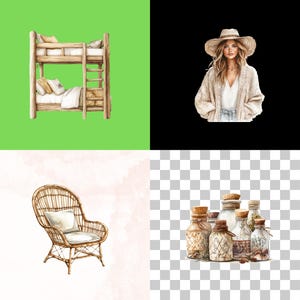 Puede incluir: Una ilustraci&oacute;n de acuarela de una litera de madera con un juego de cama blanco y marr&oacute;n, una silla de mimbre con un coj&iacute;n blanco y un grupo de botellas de vidrio con tapas de corcho y etiquetas marrones.