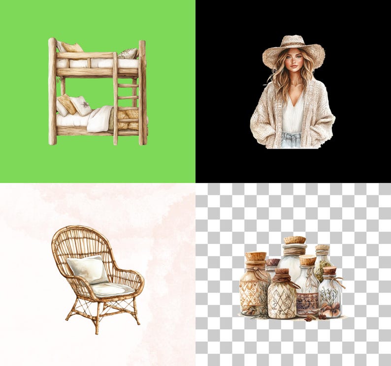 Puede incluir: Una ilustraci&oacute;n de acuarela de una litera de madera con un juego de cama blanco y marr&oacute;n, una silla de mimbre con un coj&iacute;n blanco y un grupo de botellas de vidrio con tapas de corcho y etiquetas marrones.