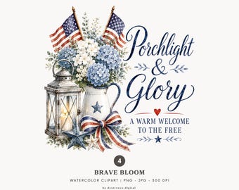 Imágenes prediseñadas patrióticas en acuarela, farol floral americano, 4 de julio PNG (descarga digital) - 554